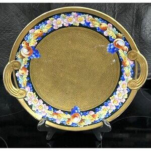 Antique Pickard Yeschek Signed Dish Etched China Hand Painted Gold Fruit Linear